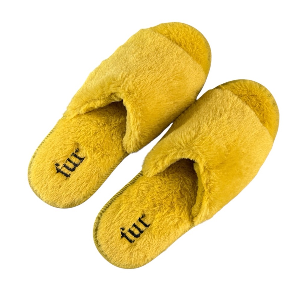 NWOT fur brand Fuzzy Mustard Yellow Slippers